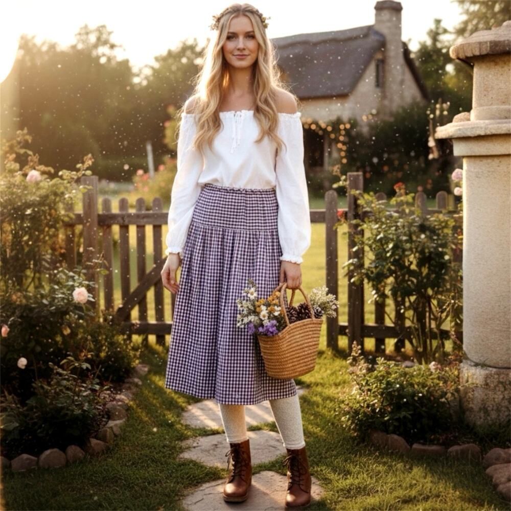 VTG Purple Gingham Tiered Midi Skirt Small Cottagecore Coastal Grandma Peasant